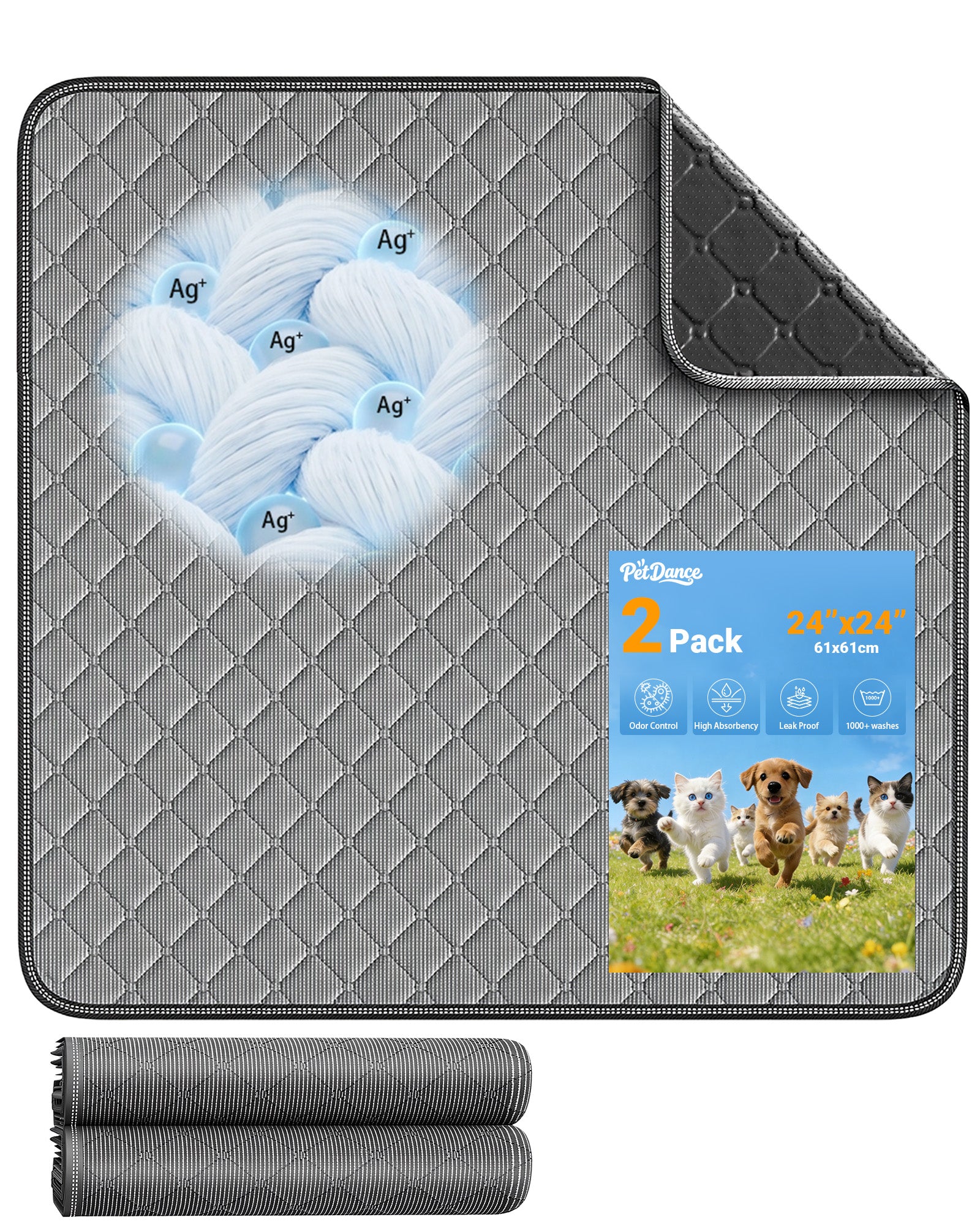 TP36 M (24“ x 24") Washable Pee Pads for Dogs,【Silver-Ion Infused Fabric】 Clean & Odor Control