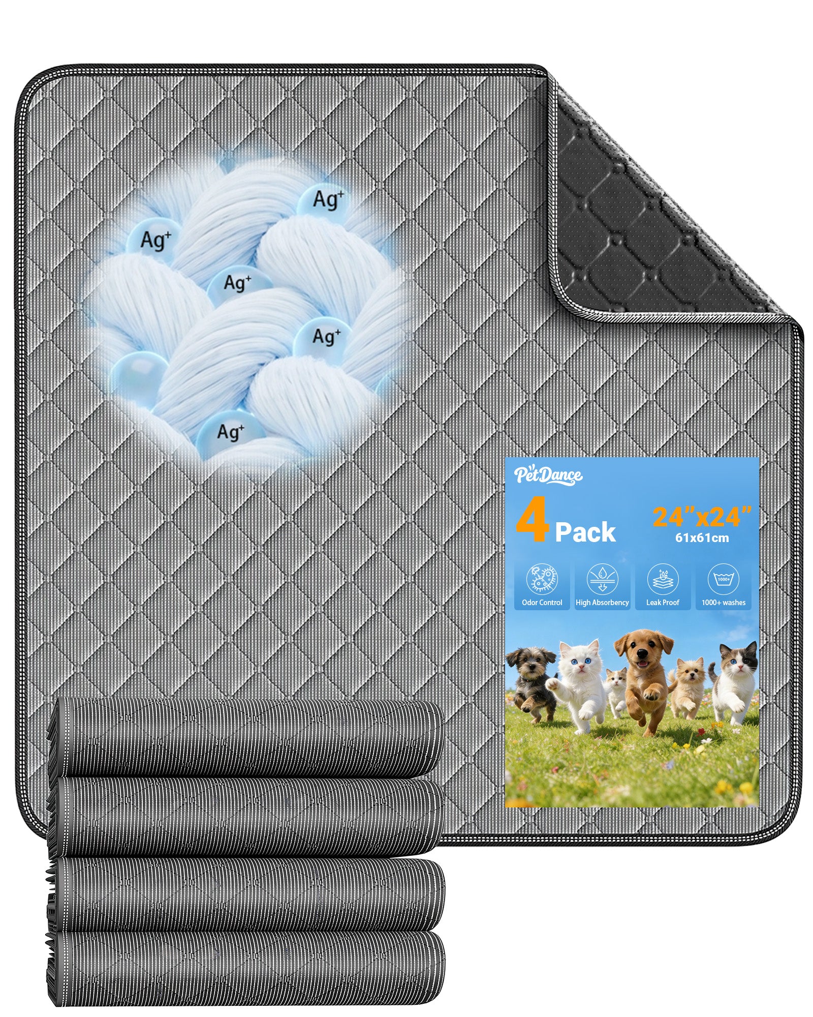 TP36 M (24“ x 24") Washable Pee Pads for Dogs,【Silver-Ion Infused Fabric】 Clean & Odor Control
